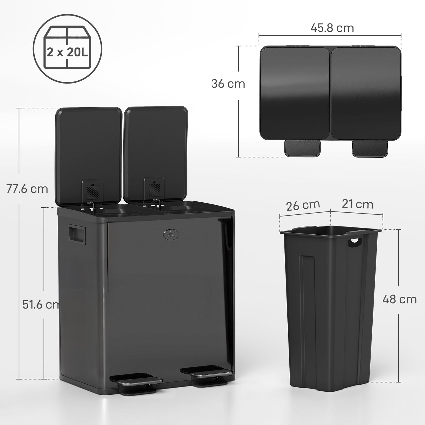 HOMCOM 40L Dual Compartment Stainless Steel Bin With Deodoriser Holders Glossy Black