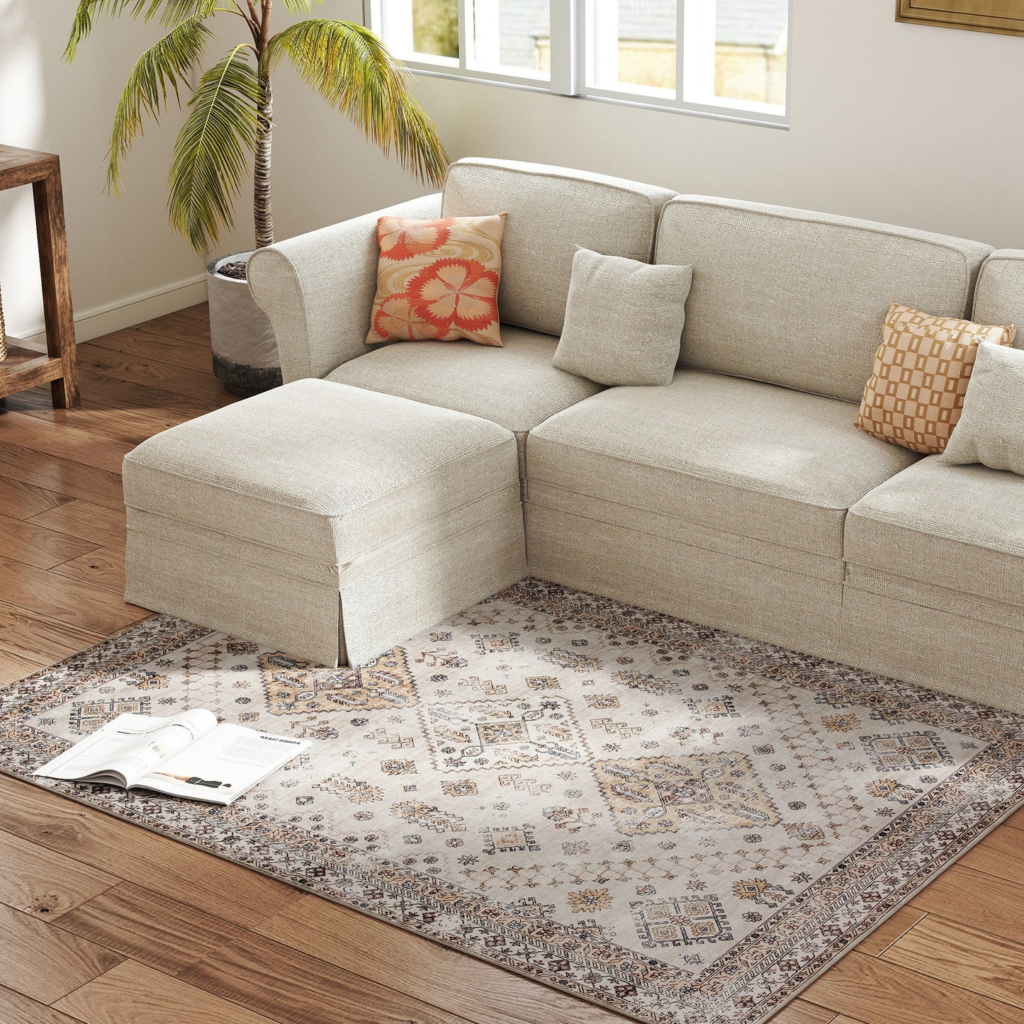 HOMCOM Vintage Area Rug Non Slip Washable Flannel Rug 170 x 120 cm Beige for Living Room Bedroom Dining Room