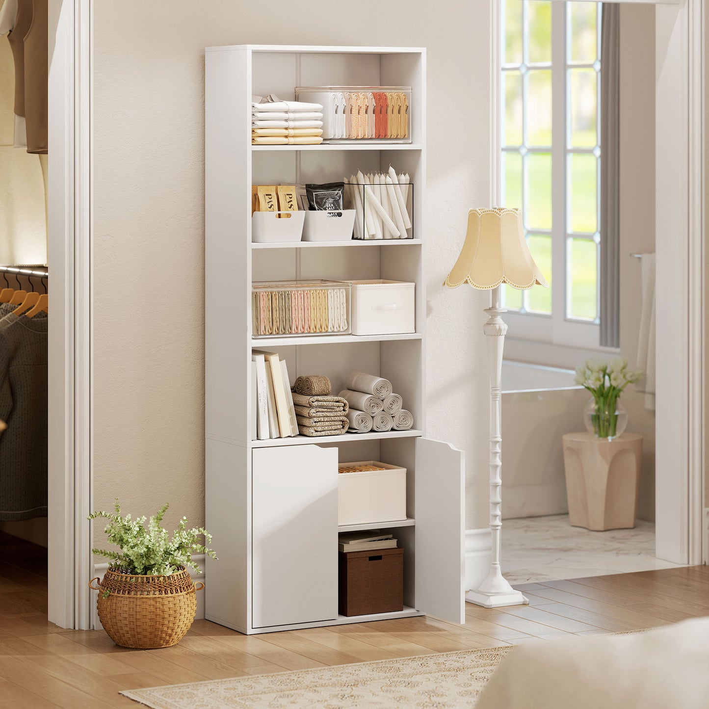 HOMCOM 6 Tier Tall Bookcase With Open Shelves And Double Door Storage Cabinet Freestanding Rack White 59 x 29 x 180 cm
