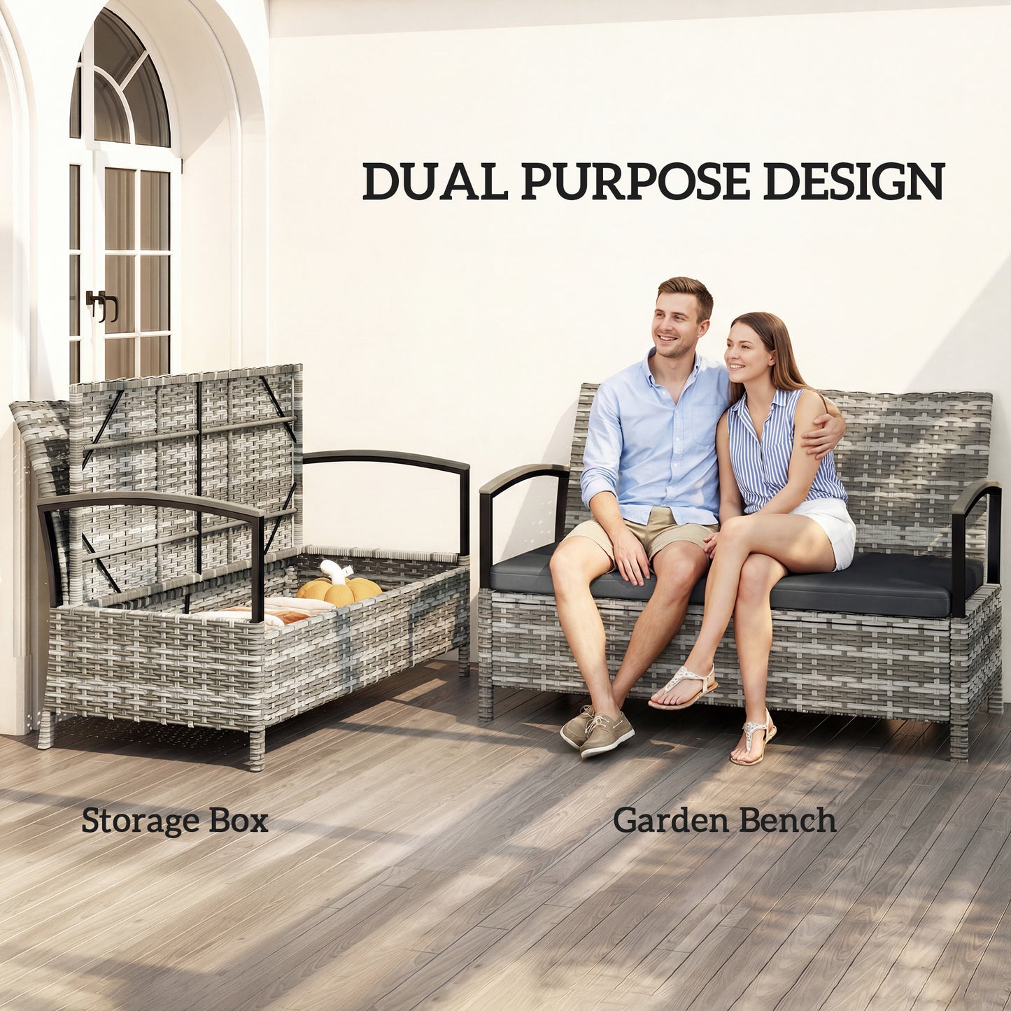 Outsunny 125L Garden Storage Bench 2 Seater PE Rattan Outdoor Storage Box With Padded Cushion Dark Grey