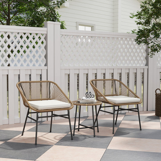 Outsunny 3 Piece Rattan Wicker Bistro Set With Cushions And Glass Top Table For Outdoor Patio Balcony