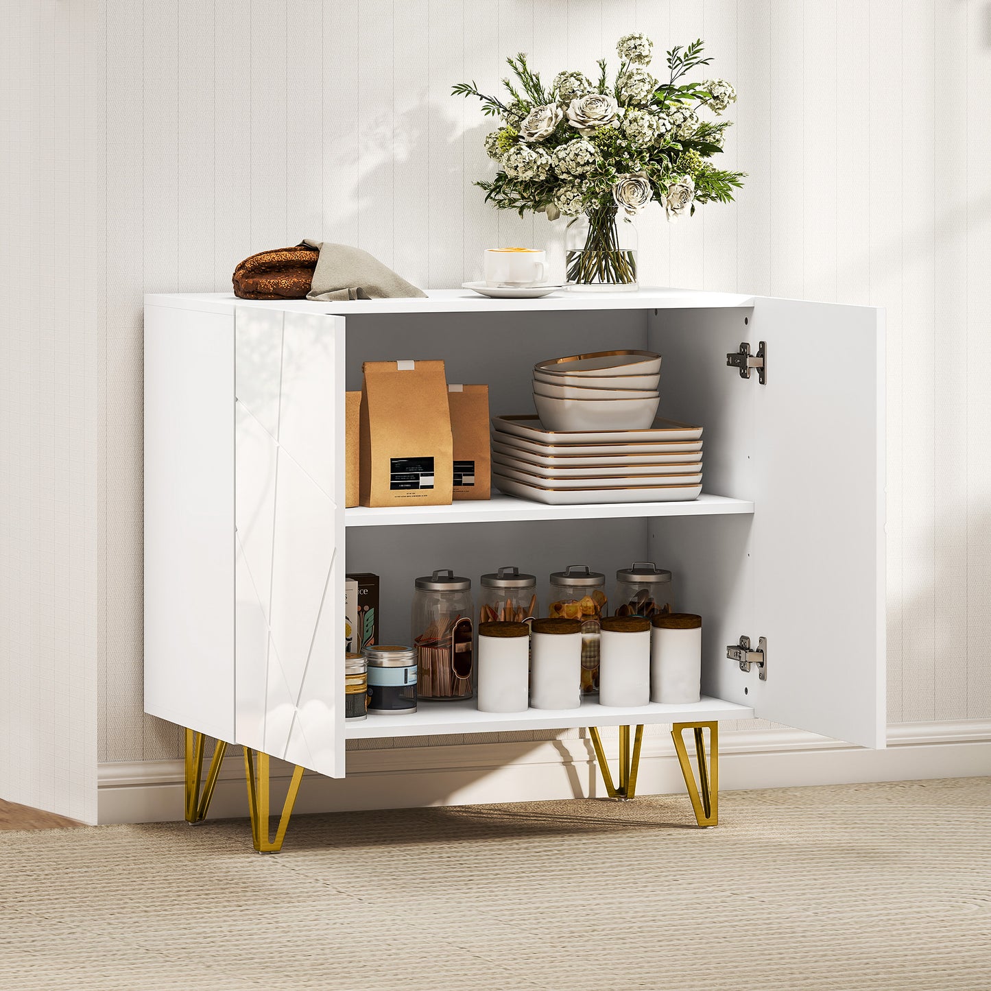 HOMCOM Modern Luxe High Gloss Sideboard White With Hairpin Legs Gold Colored Two Large Storage Compartments