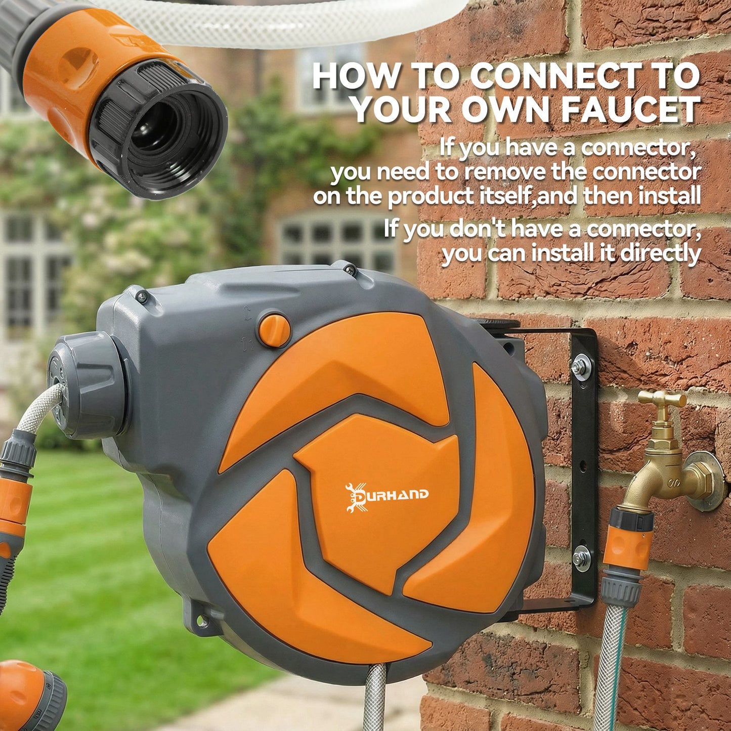 Durhand 10m Garden Hose Reel Wall Mounted Auto Rewind With 7 Pattern Spray Nozzle Orange Includes Wall Fixings
