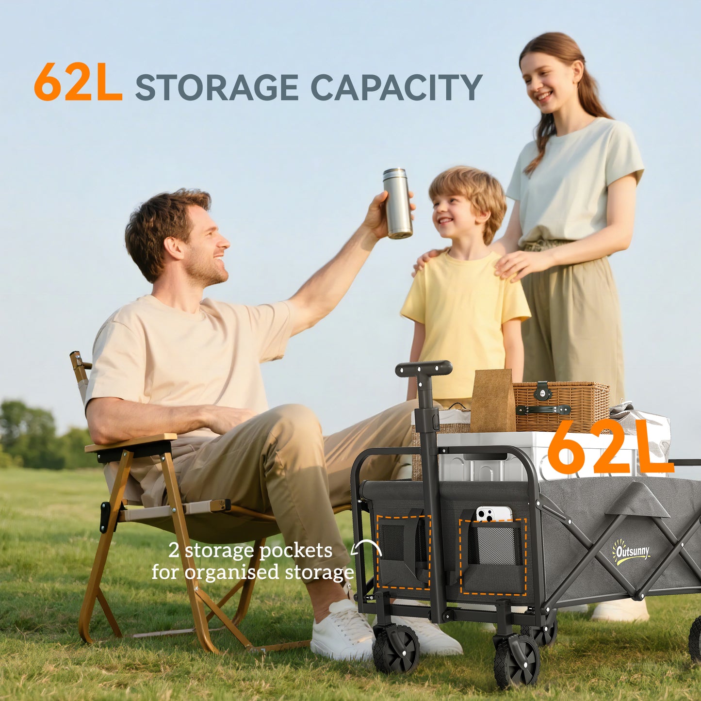 Outsunny 62L Festival Trolley On Wheels 120kg Capacity Beach Folding Cart With Adjustable Handle And Carrying Bag Grey