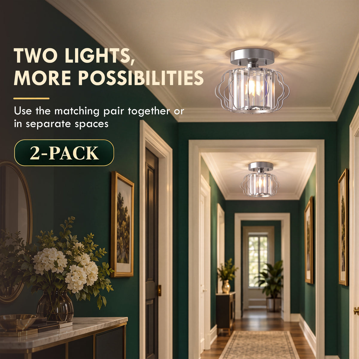 Two semi-flush ceiling lights with clear crystal bars and metal cages for ceilings