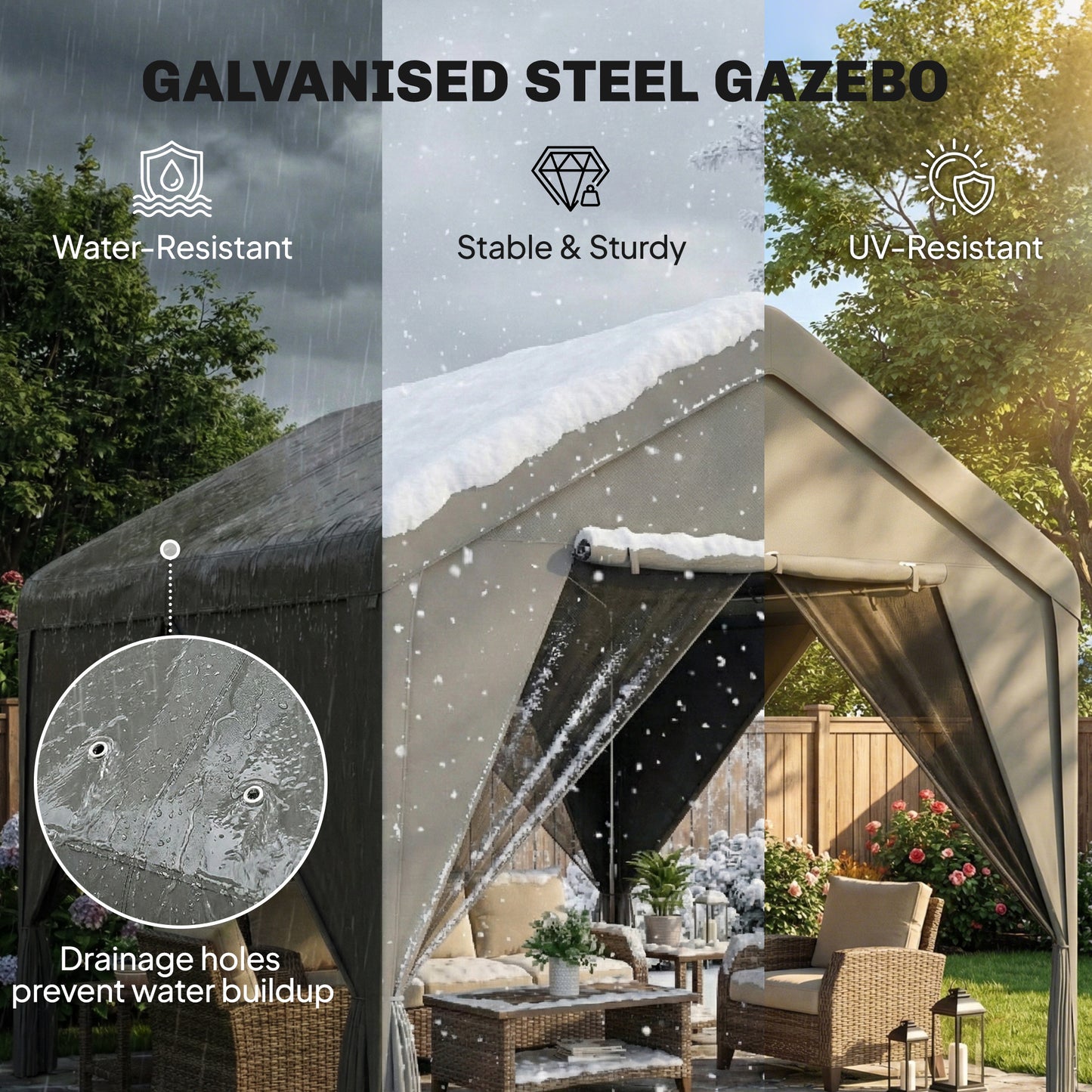 Outsunny 3 x 3 m Patio Gazebo Netting Curtains Outdoor Canopy Shelter Galvanised Steel Frame Dark Grey