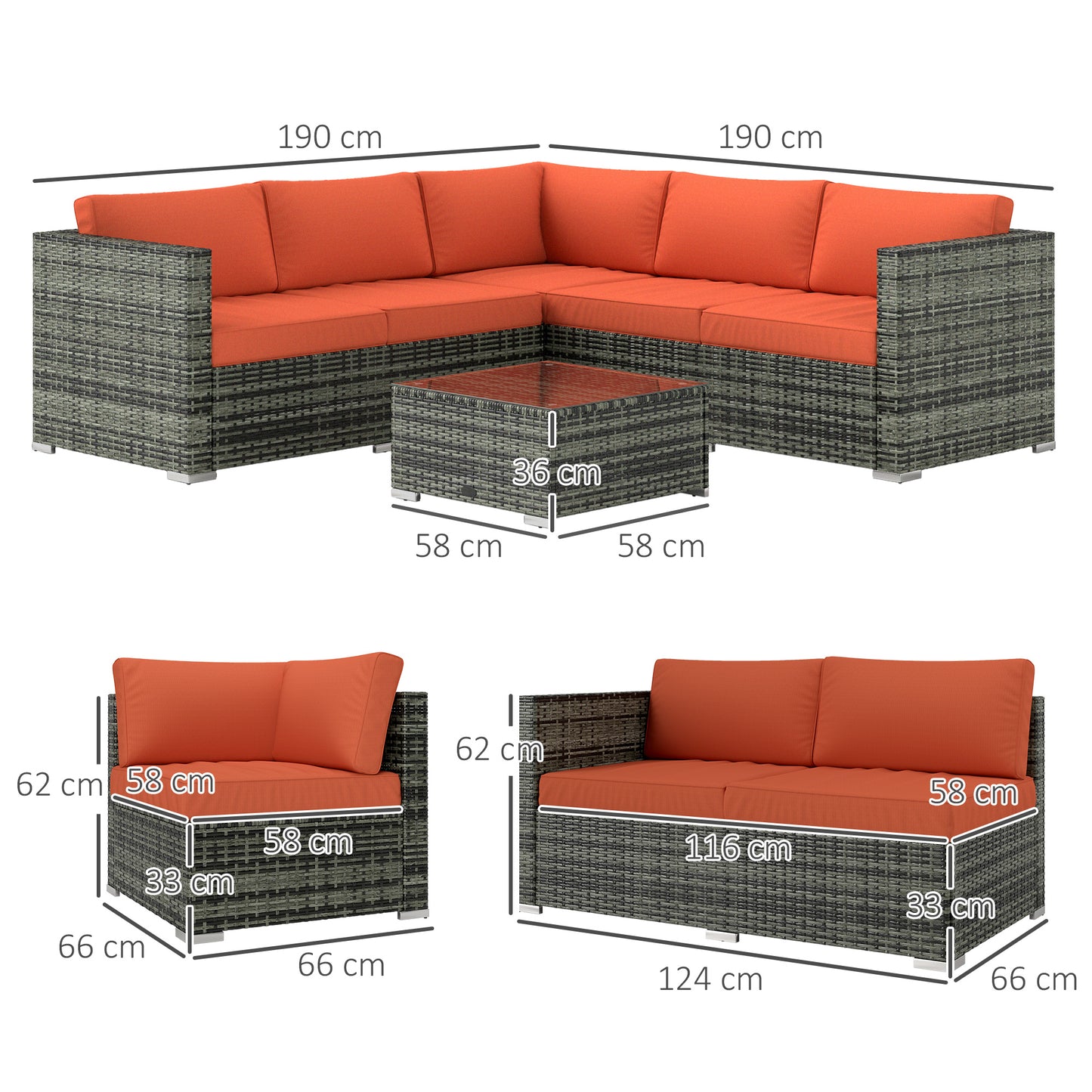 Outsunny Four Piece Rattan Outdoor Corner Sofa Set With Glass Table Orange Grey Cushions