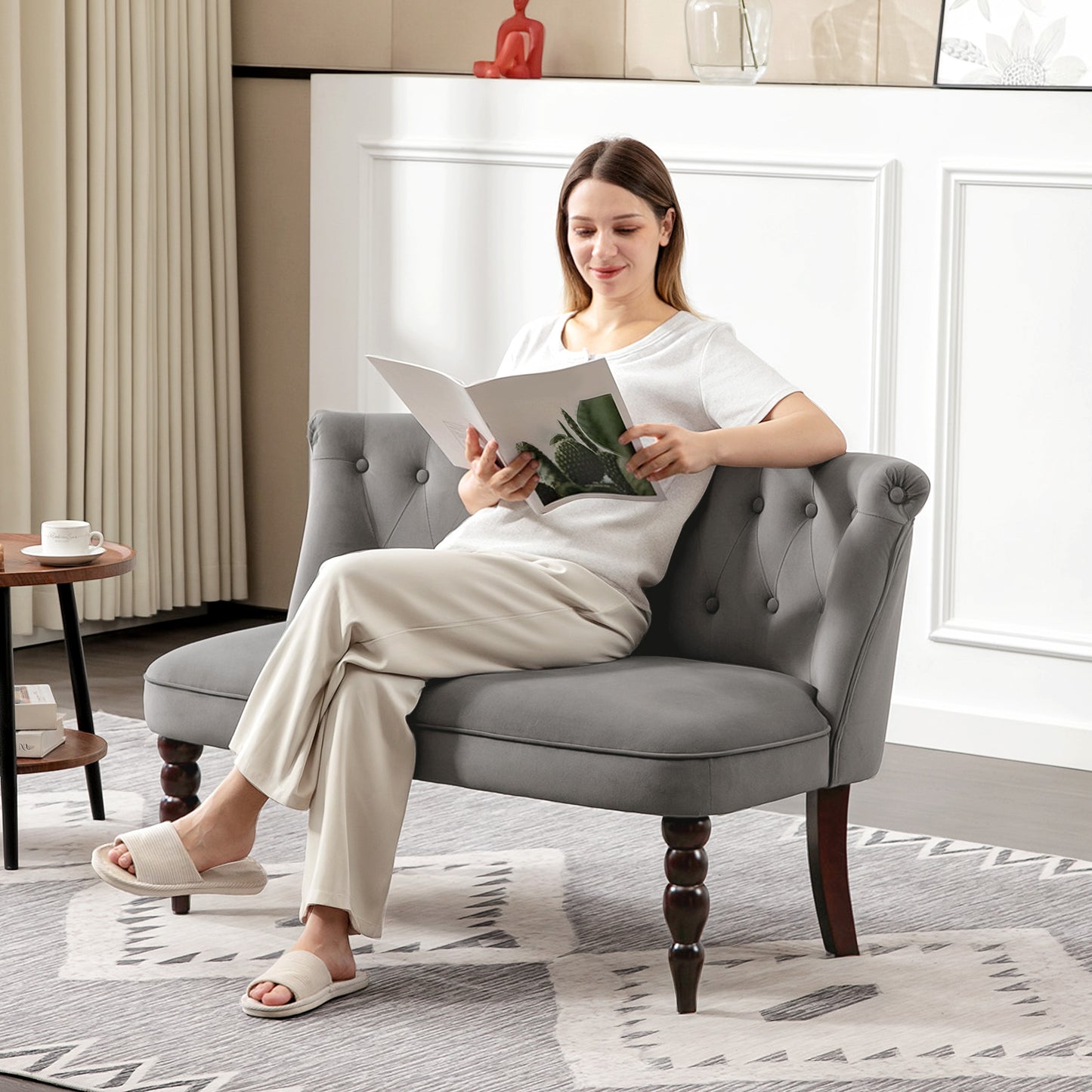 HOMCOM Velvet 2 Seater Sofa With Button Tufted Wingback Loveseat Rubber Wood Legs Charcoal Grey For Living Room