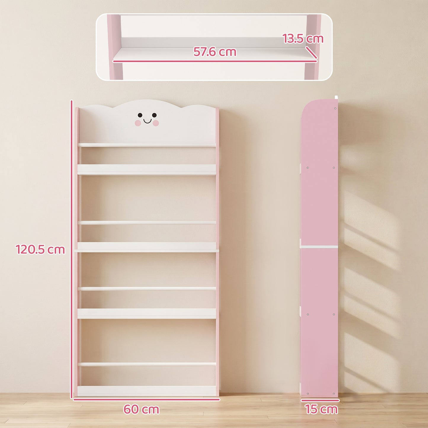 AIYAPLAY 4 Tier Kids Bookshelf Wall Mounted Pink Bookcase Toddler Playroom And Kids Room