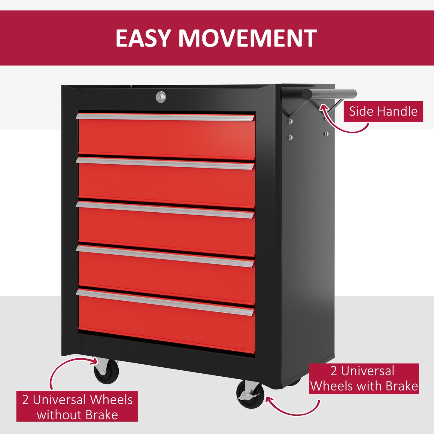 HOMCOM Rolling 5-Drawer Steel Tool Cabinet with Lock and Handle, Red Storage Solution for Garage and Workshop - ALL4U RETAILER LTD