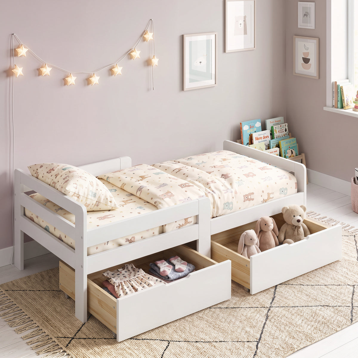 White kids bed with guard rails, slatted base, and two storage drawers underneath