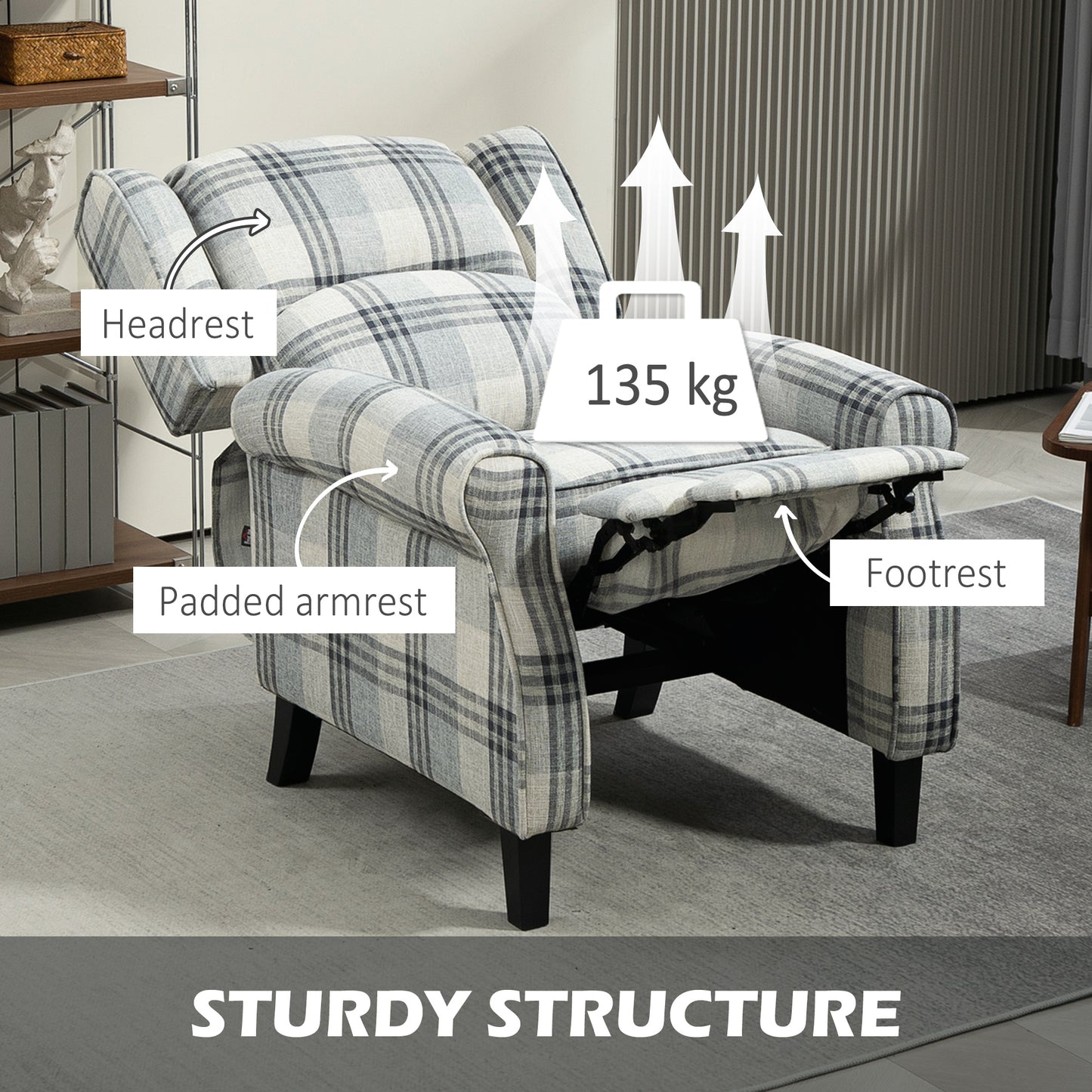 HOMCOM 160 Degree Reclining Armchair With Footrest Grey Checked Linen Feel Upholstery