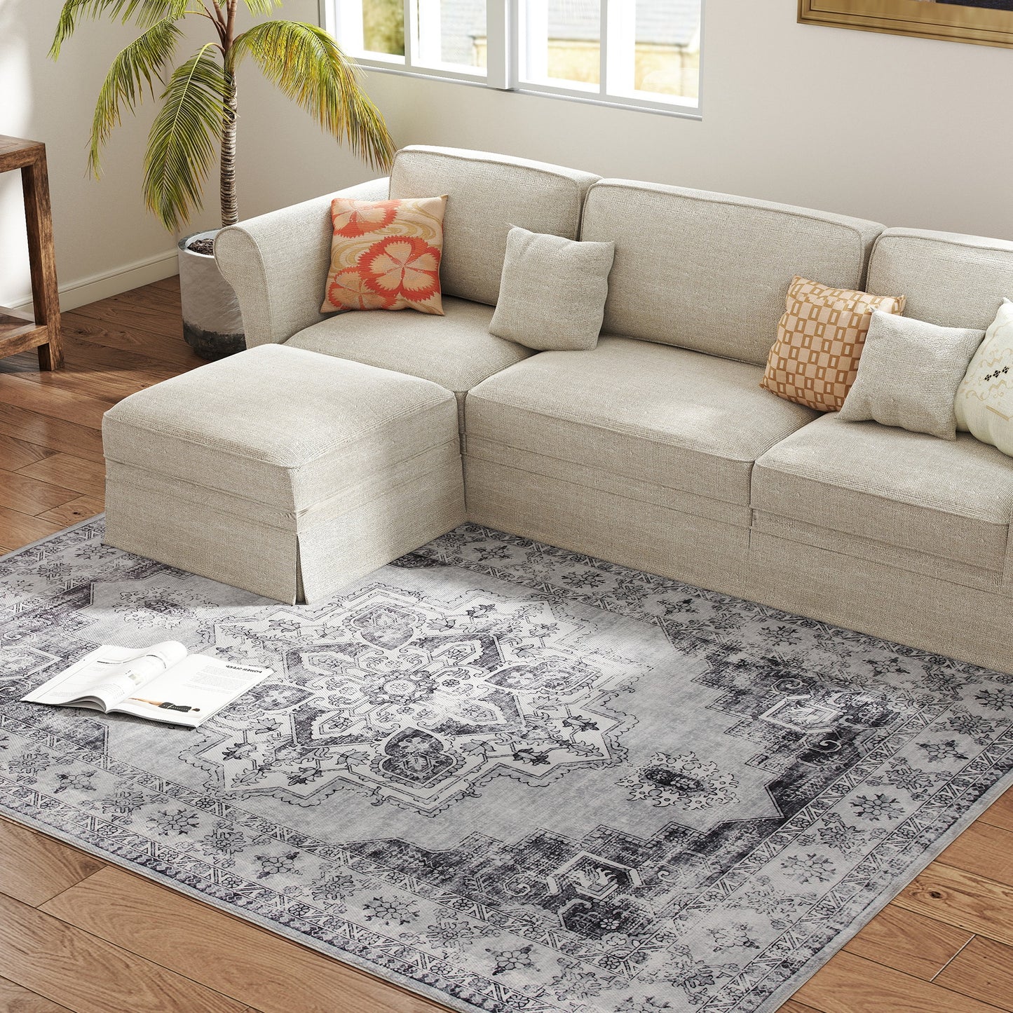 HOMCOM Vintage Area Rug Non Slip Washable Flannel Floor Carpet For Living Room And Bedroom Grey 230 X 160 Cm