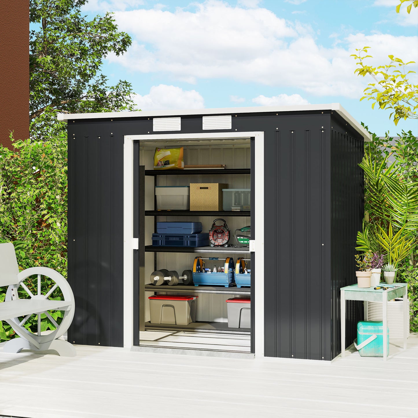 Outsunny 7 By 4Ft Galvanised Steel Garden Shed With Foundation Kit Double Door Two Vents Dark Grey