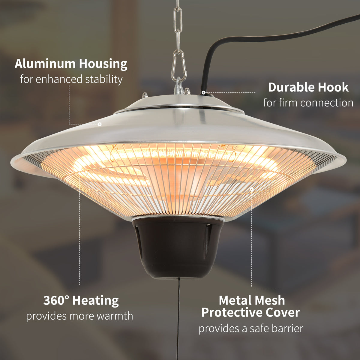 Ceiling halogen heater with aluminum housing, durable hook, and metal mesh protection