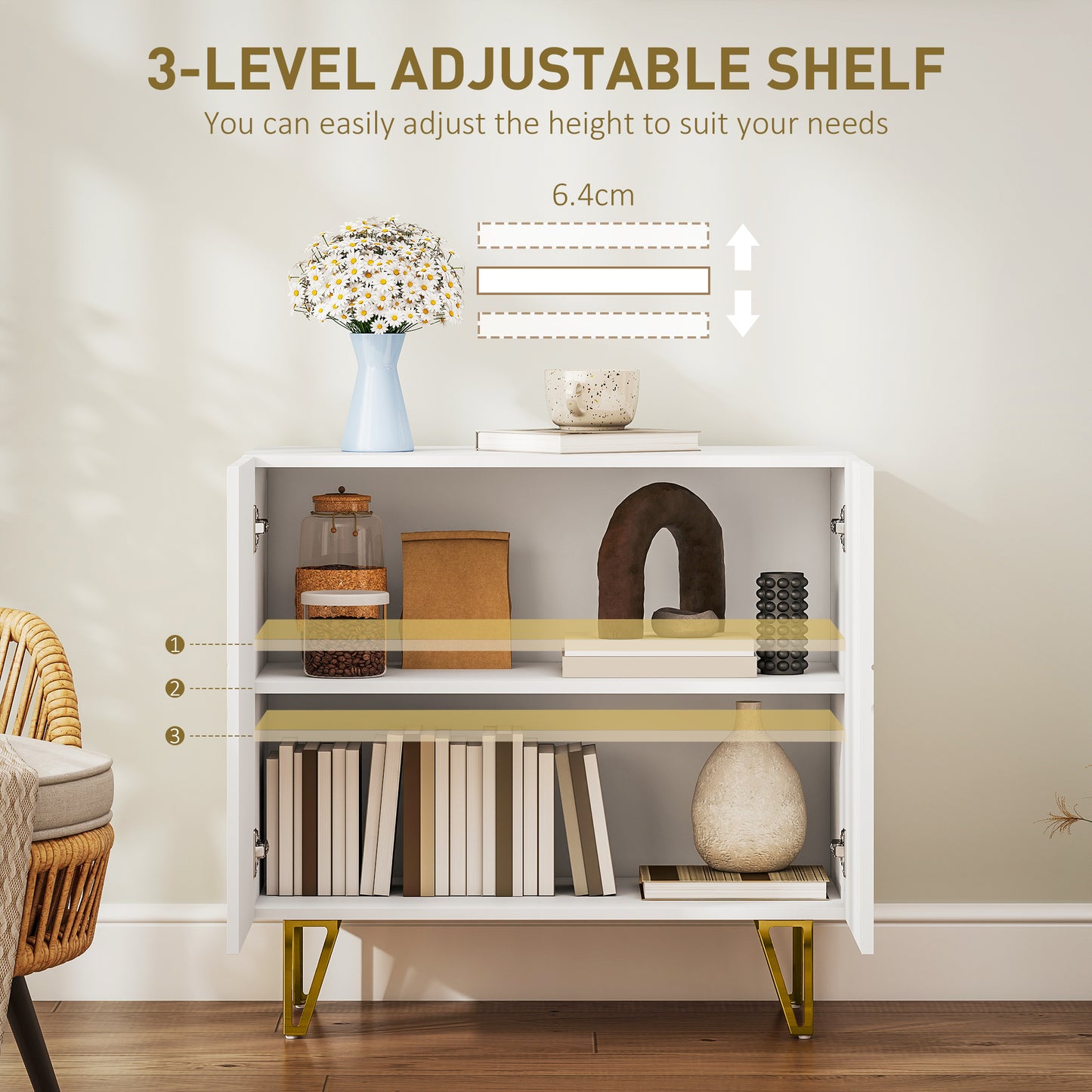 HOMCOM Modern Luxe High Gloss Sideboard White With Hairpin Legs Gold Colored Two Large Storage Compartments