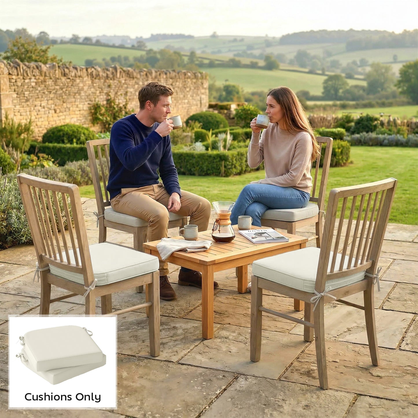 Outsunny Outdoor Chair Cushions Set of 2 7cm Thick Foam with Ties Cream White Water Repellent Flame Retardant