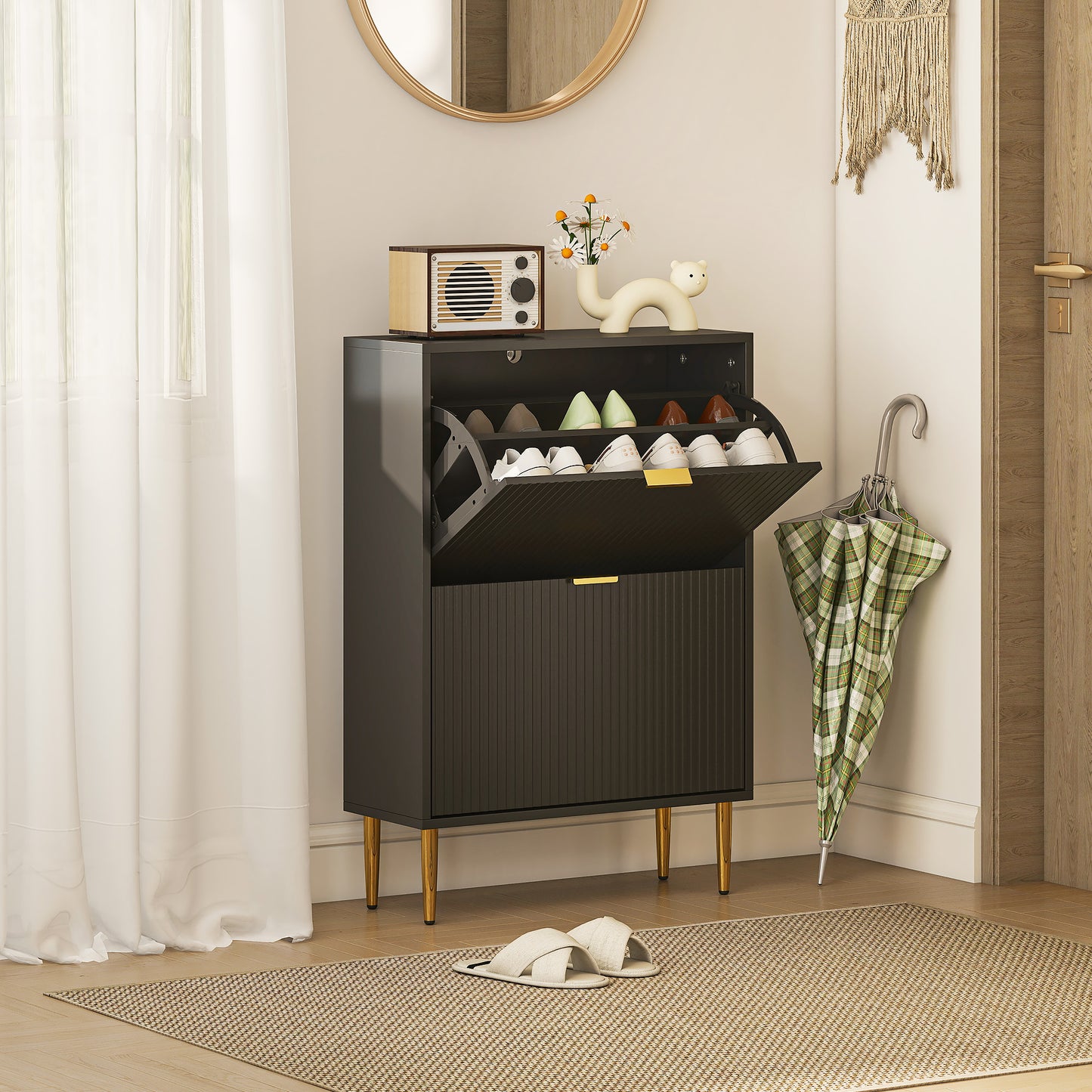 HOMCOM Elegant White Two Drawer Shoe Cabinet With Gold Accents And Adjustable Shelves