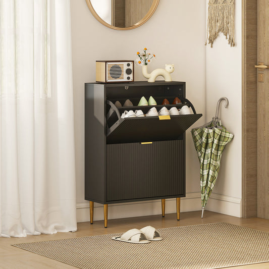 HOMCOM Elegant White Two Drawer Shoe Cabinet With Gold Accents And Adjustable Shelves
