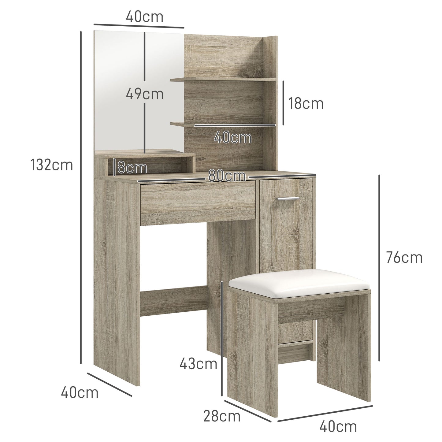 HOMCOM Dressing Table And Stool Set With Storage Mirror Drawer And Cupboard With Wood Effect Finish