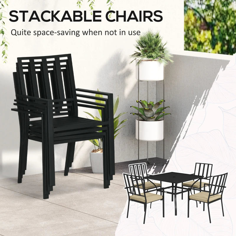 Outsunny 5-Piece Garden Dining Set with Cushions - Outdoor Table and 4 Stackable Chairs, Metal Top Table with Umbrella Hole, Black Finish - ALL4U RETAILER LTD