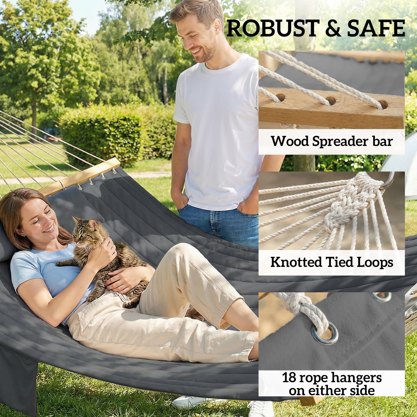 Outsunny Double Hammock Two Person Swing Bed With Spreader Bars Pillows Pad 200 X 140 Cm Grey