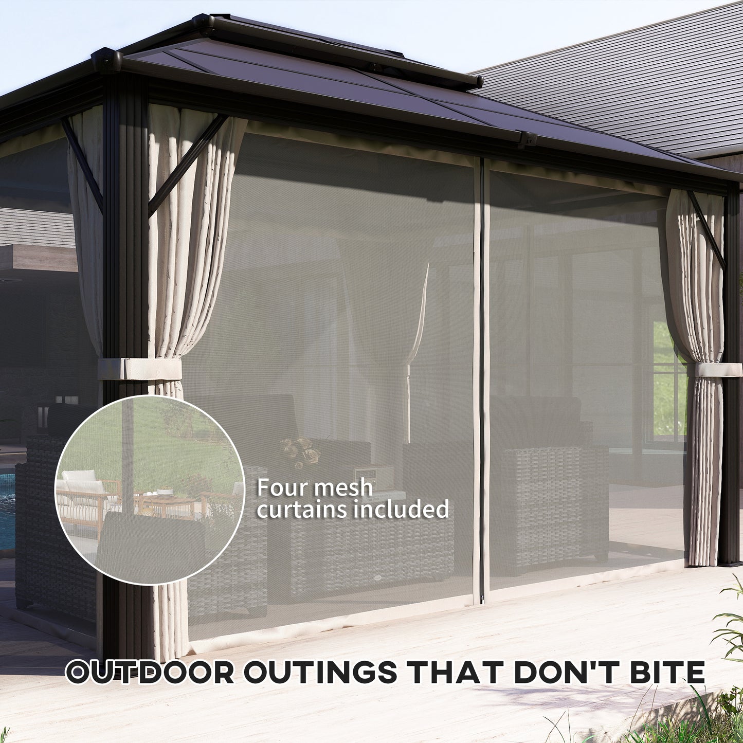 Outsunny 3 By 4m Hardtop Gazebo With UPF30 Polycarbonate Roof Aluminium Frame Mosquito Netting Curtains Beige Patio