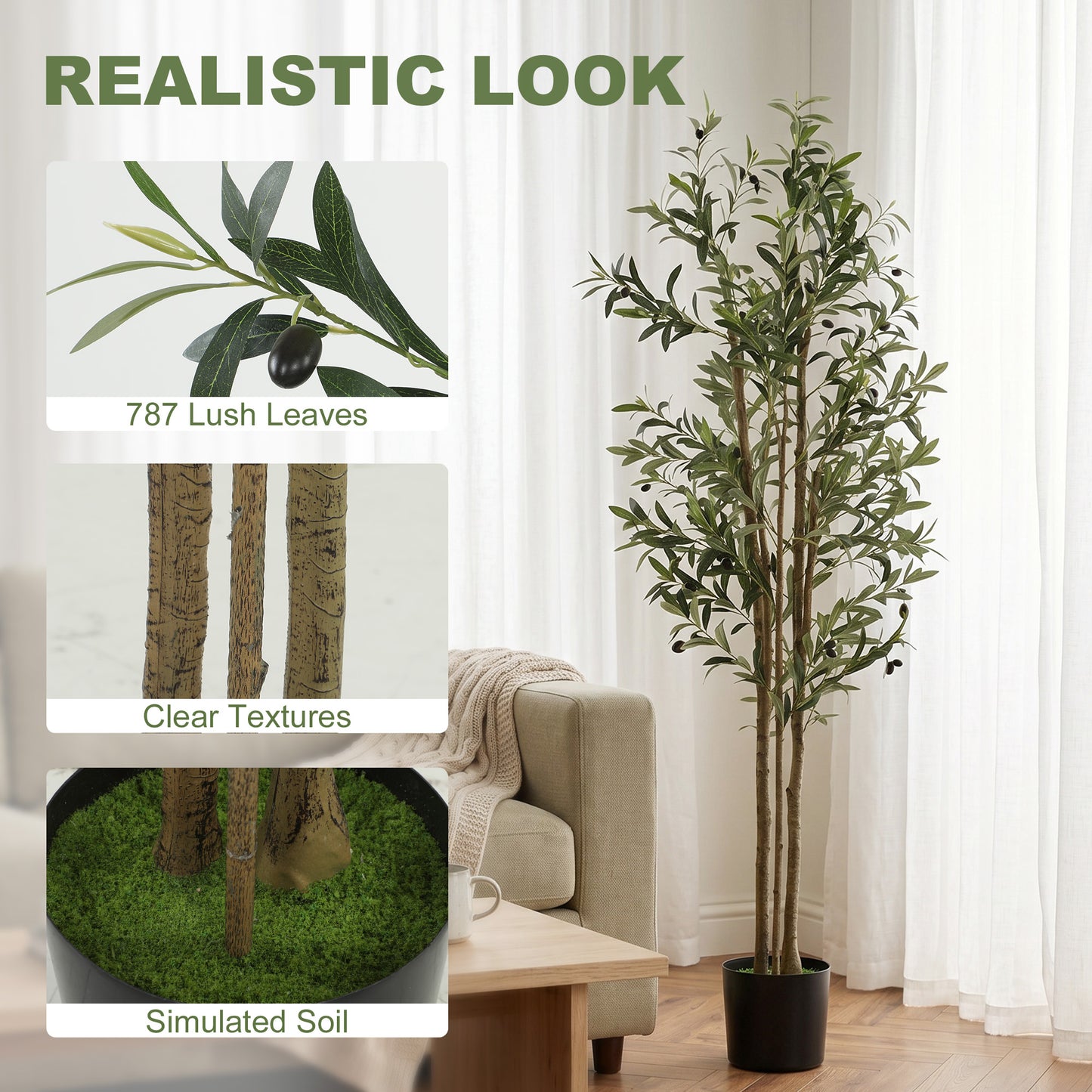 HOMCOM 175 Cm Decorative Artificial Olive Tree Cement Pot With 787 Leaves Realistic Fake Plant