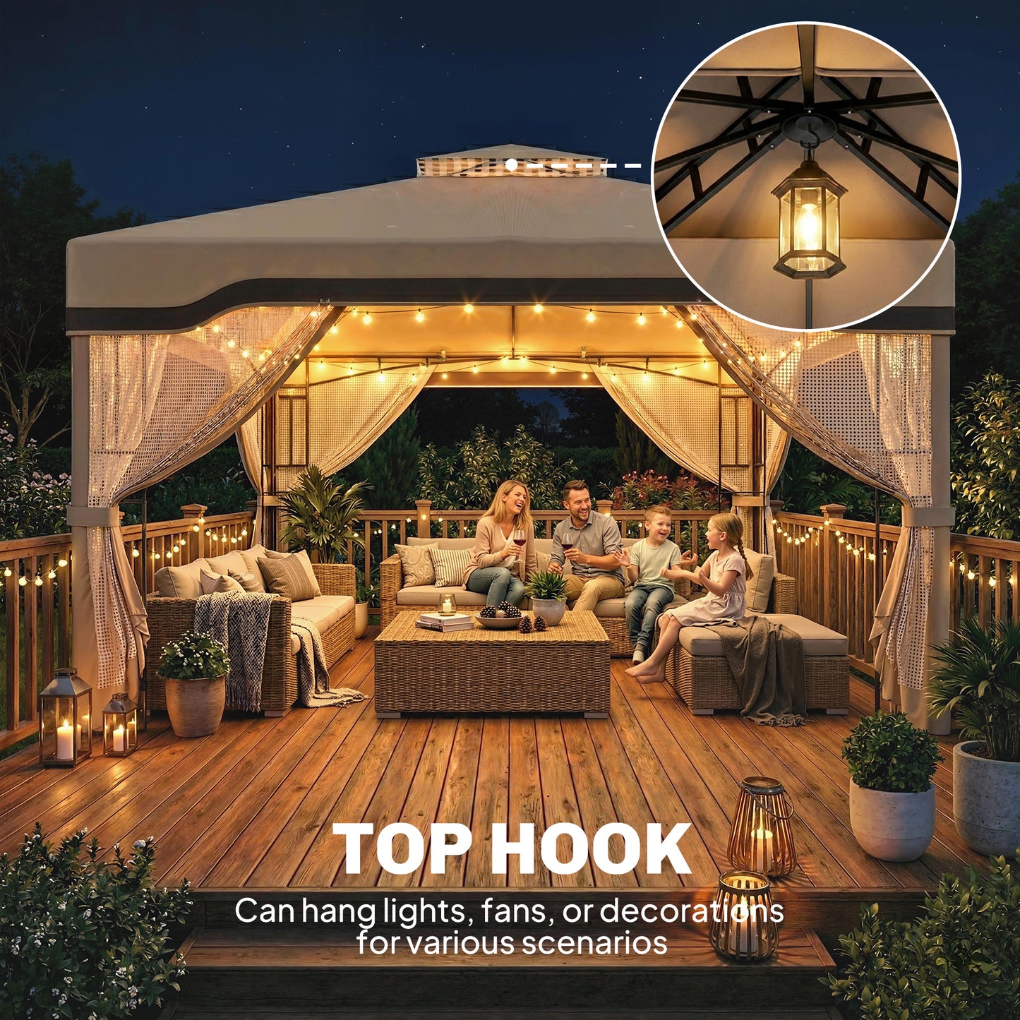 Outsunny 3 x 3.6 m Outdoor Garden Gazebo With Post Shelves UPF50 Plus Patio Permanent Pavilion With Hook Khaki