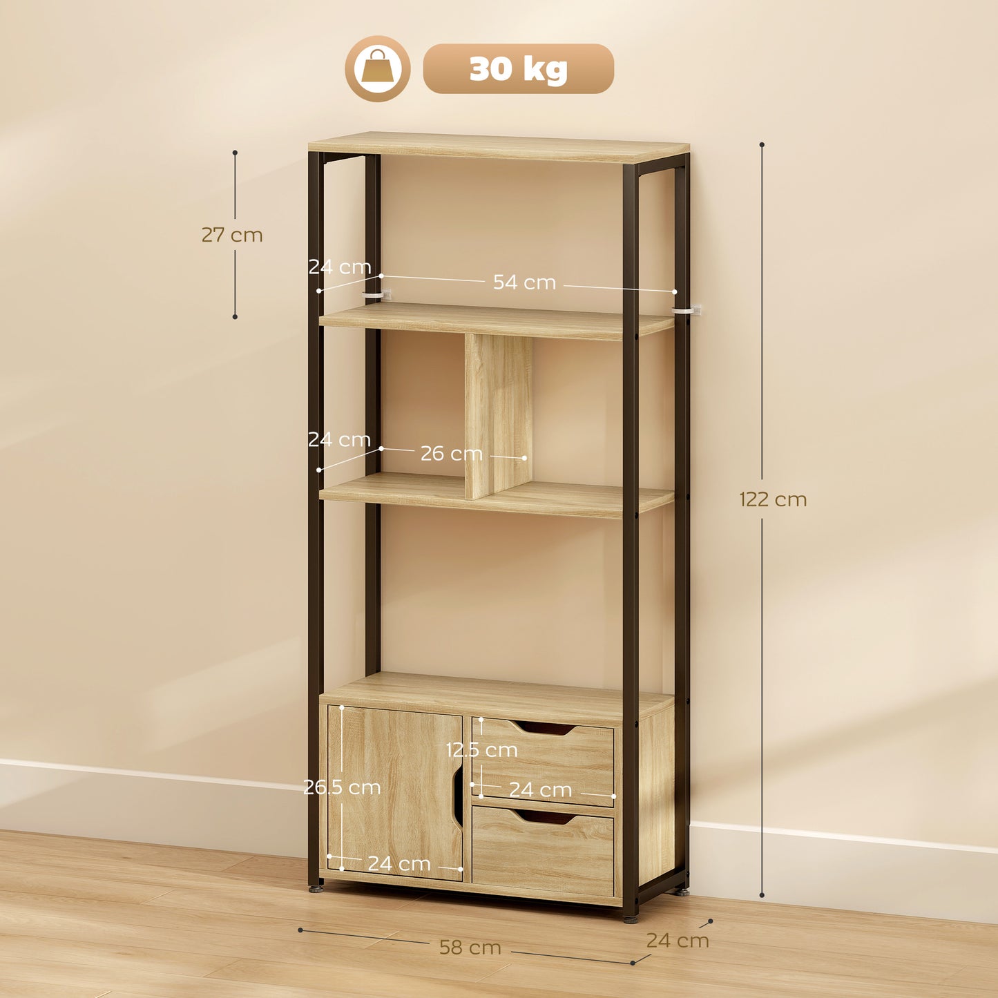 HOMCOM 4 Tier Bookcase With Cabinet And 2 Drawers Natural Wood Industrial Loft Style For Living Room Bedroom And Study