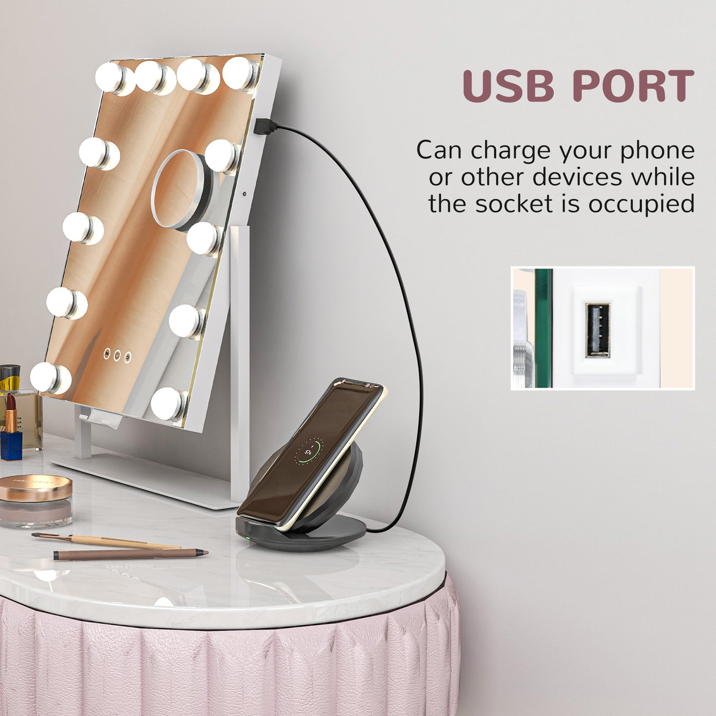 HOMCOM Lighted Makeup Mirror with Adjustable Brightness & USB Charging, 37x46 cm Hollywood Vanity Mirror - ALL4U RETAILER LTD