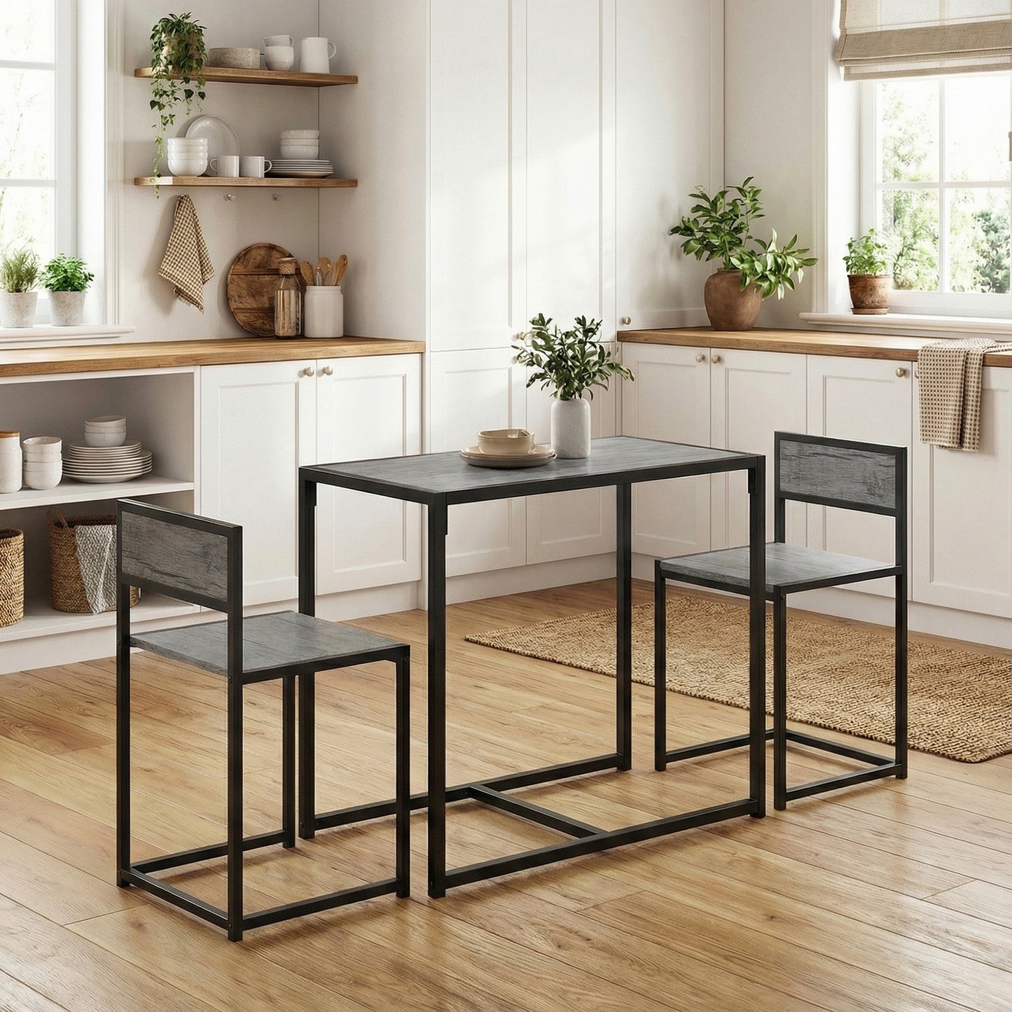 HOMCOM 3 Piece Table and Stool Set Charcoal Grey Wood Effect with Chestnut Brown MDF Panels