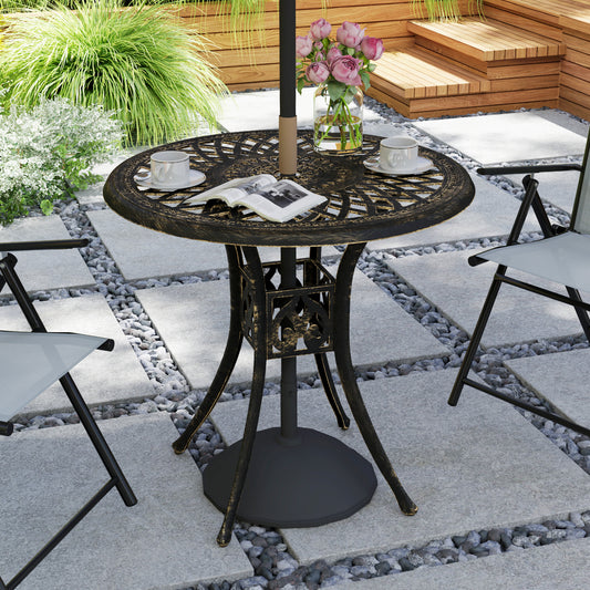 Outsunny 78 Cm Round Garden Dining Table With Parasol Hole Antique Cast Aluminium Bronze Tone Outdoor Table