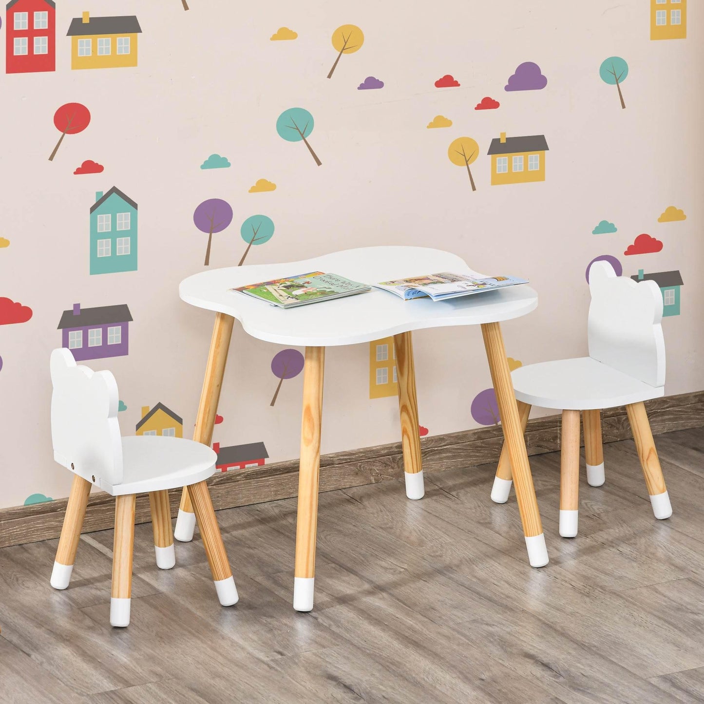 HOMCOM White 3-Piece Kids Table and Bear Chair Set for Toddlers - ALL4U RETAILER LTD