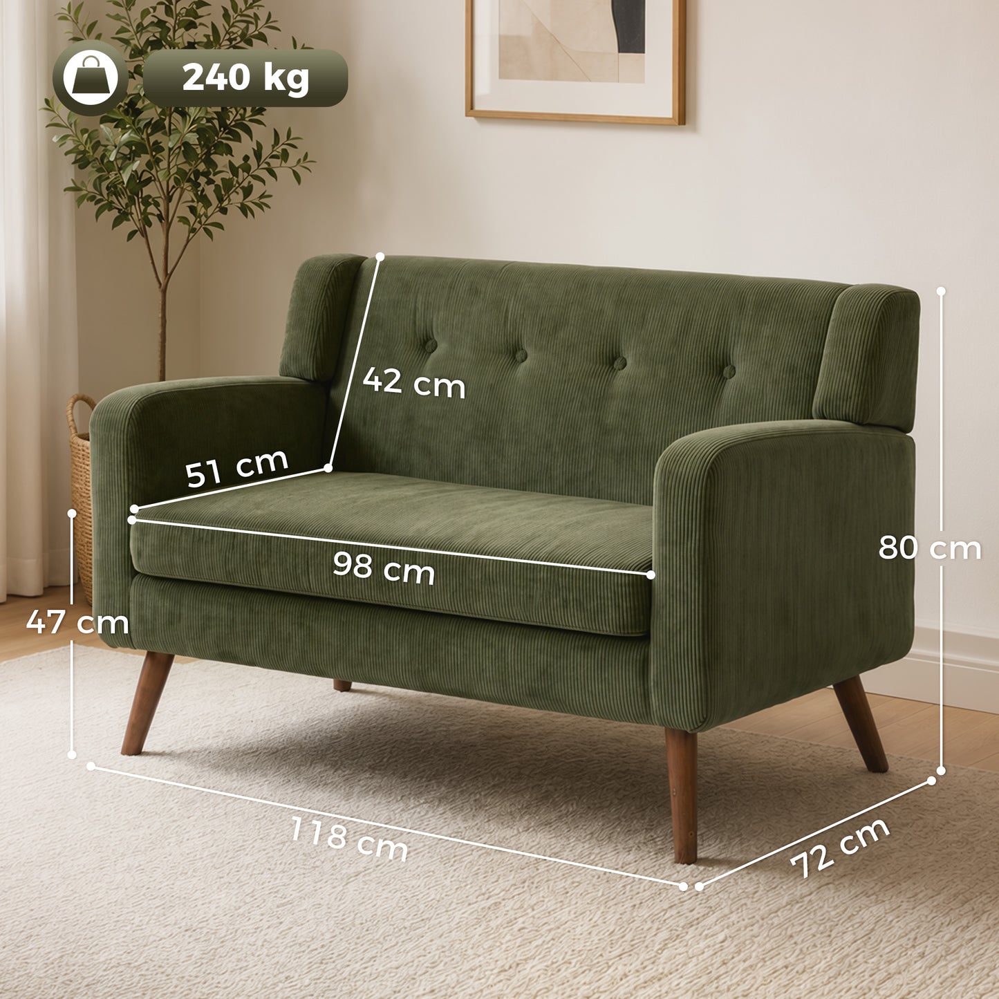 HOMCOM Corduroy 2 Seater Sofa With Pocket Springs Dark Green Compact Couch