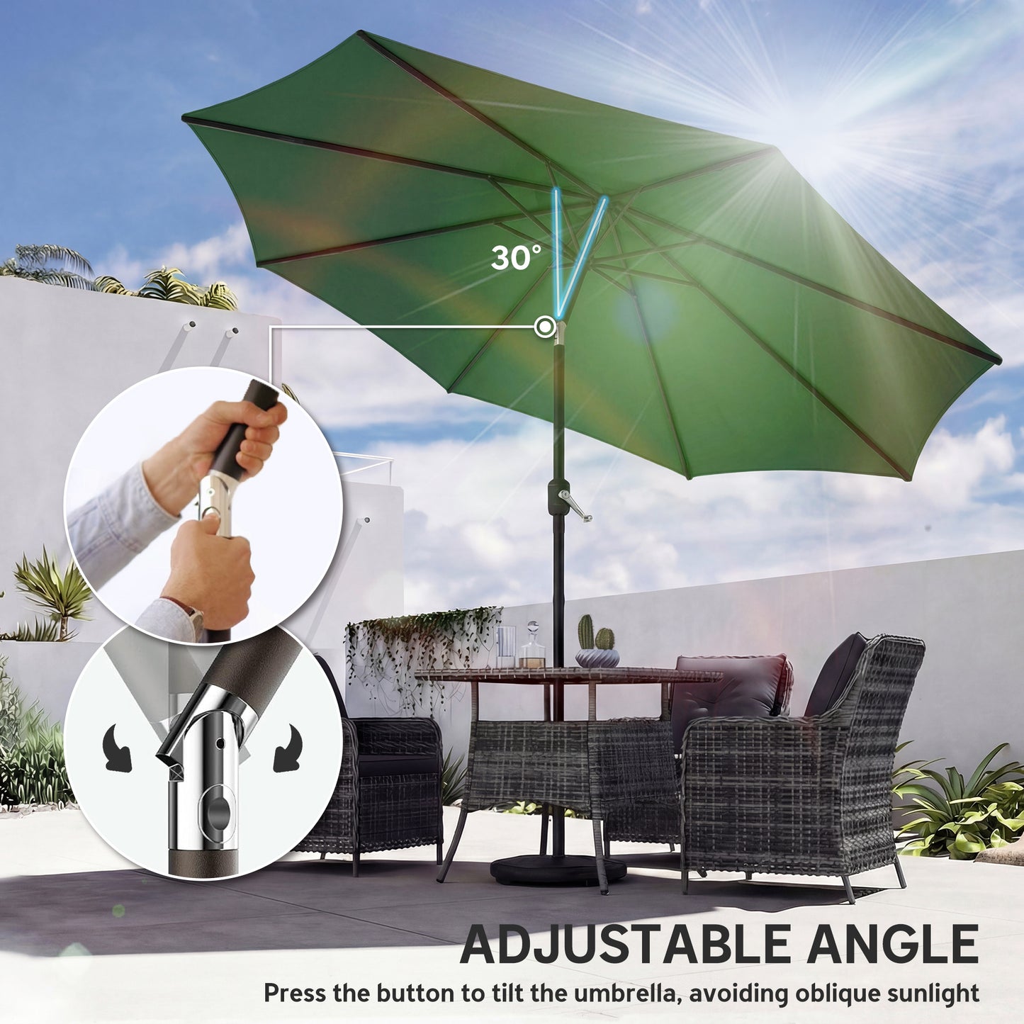Outsunny 2.7 M Garden Parasol Umbrella With Cross Base And Sandbag Retractable Ribs Outdoor Table Market Umbrella Green