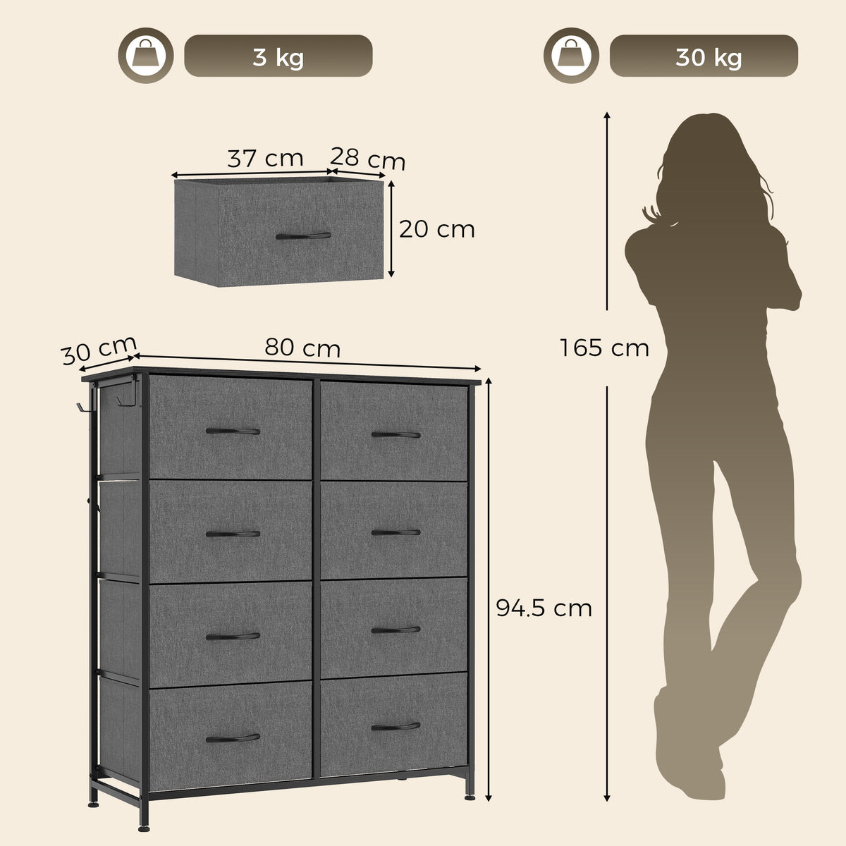 HOMCOM 8 Drawer Fabric Dresser with Side Storage Bag and Hooks Grey