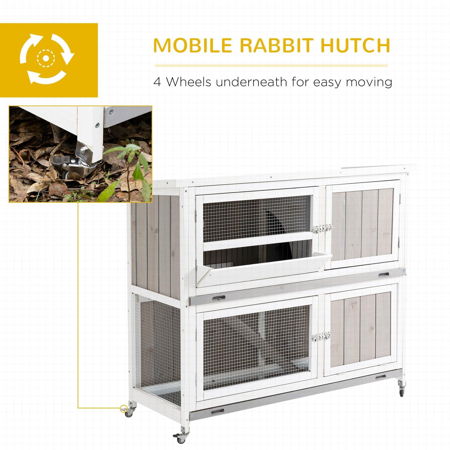 PawHut Wooden Rabbit Hutch & Guinea Pig Cage w/ Rain Cover, Wheels, Slide-Out Tray - Grey - ALL4U RETAILER LTD