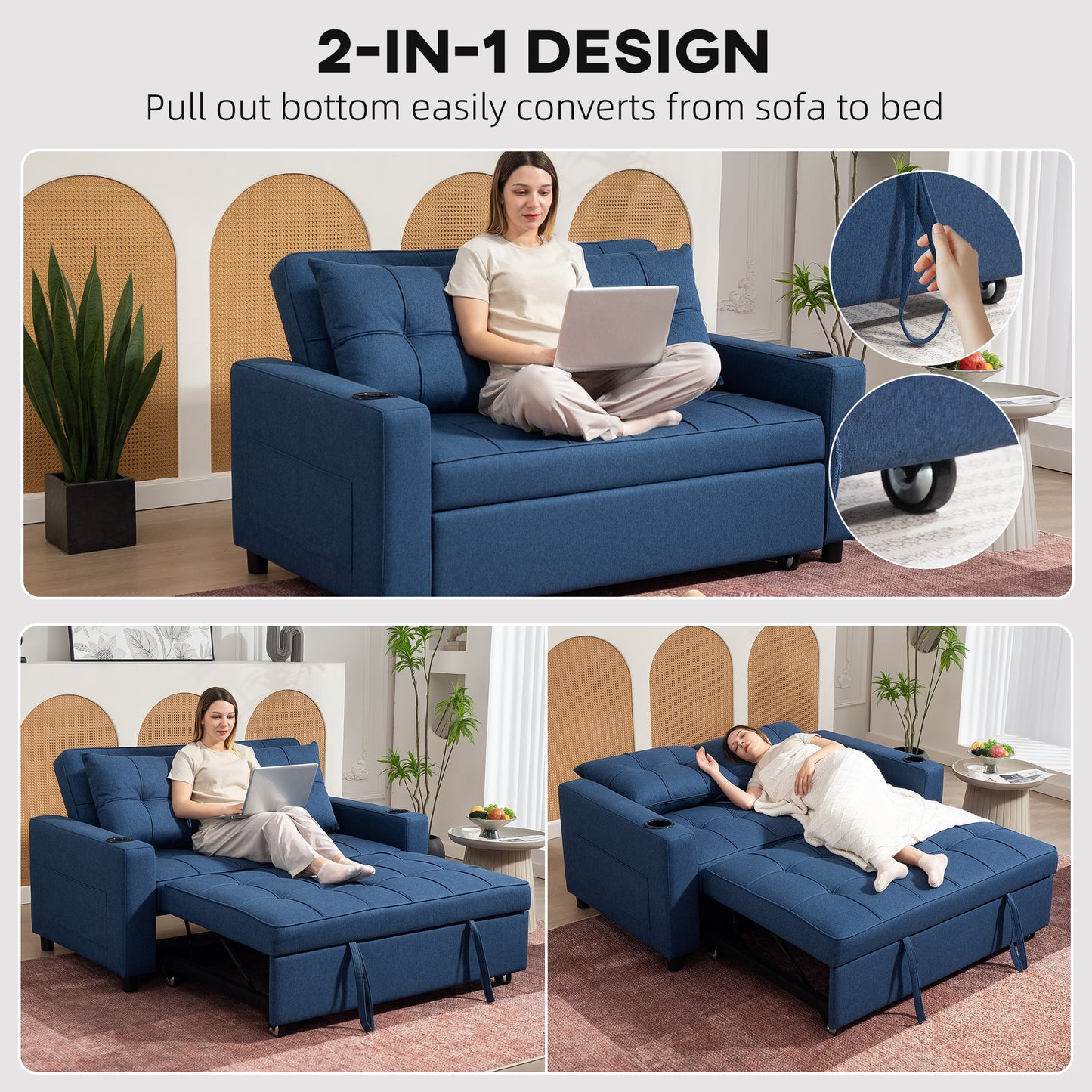 HOMCOM Two Seater Pull Out Sofa Bed In Dark Blue With Lounger And Sofa Bed Function 157 By 190 Centimeters