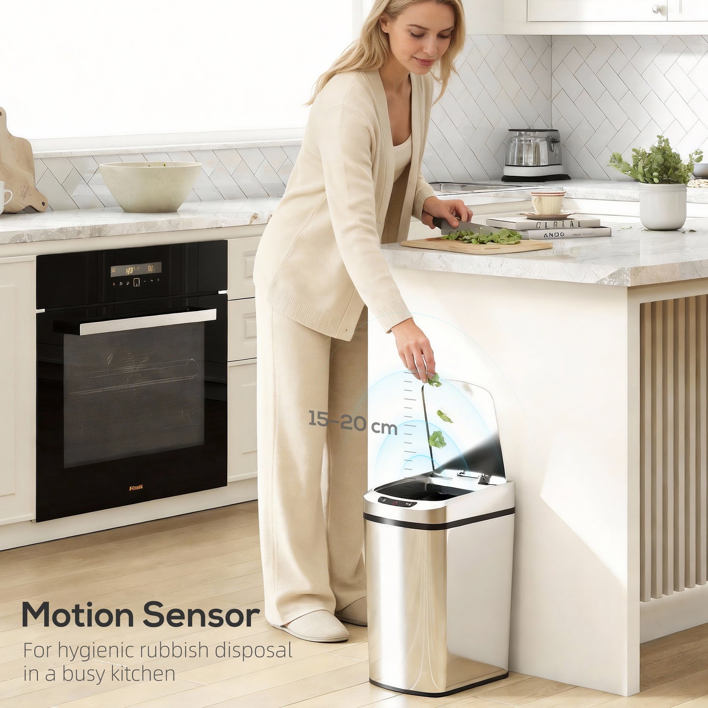 HOMCOM 12L Sensor Bin With Touchless Motion And Manual Button Fingerprint Resistant Stainless Steel Kitchen Bin Silver
