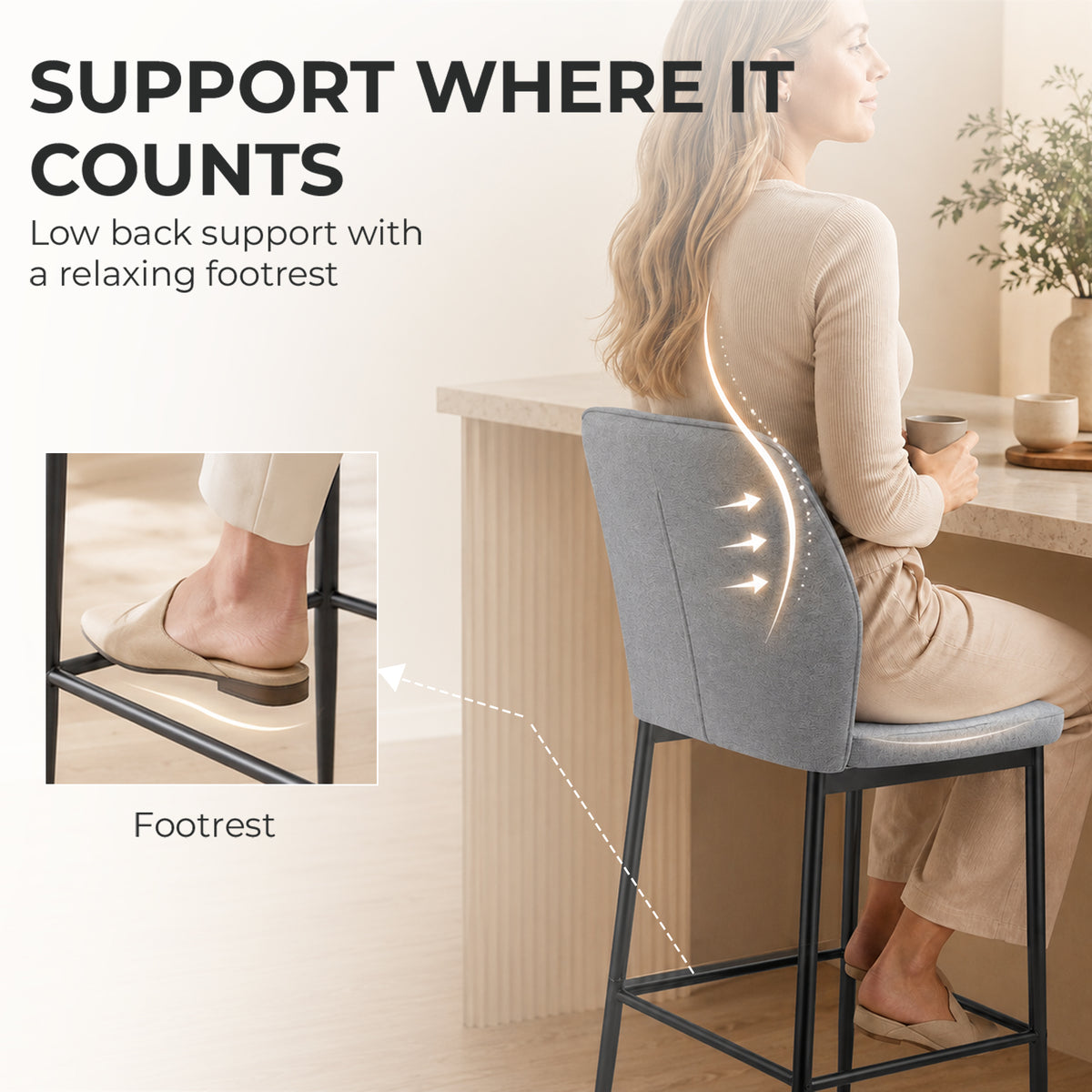 HOMCOM Velvet Bar Stools Set Of 2 With Footrest And Backrest Grey