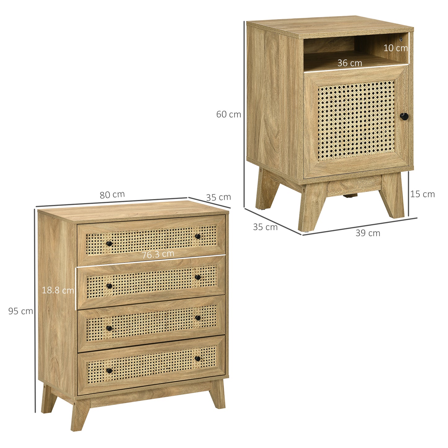 HOMCOM Chest Of Drawers With Four Rattan Drawers And Bedside Table With Door Natural Finish
