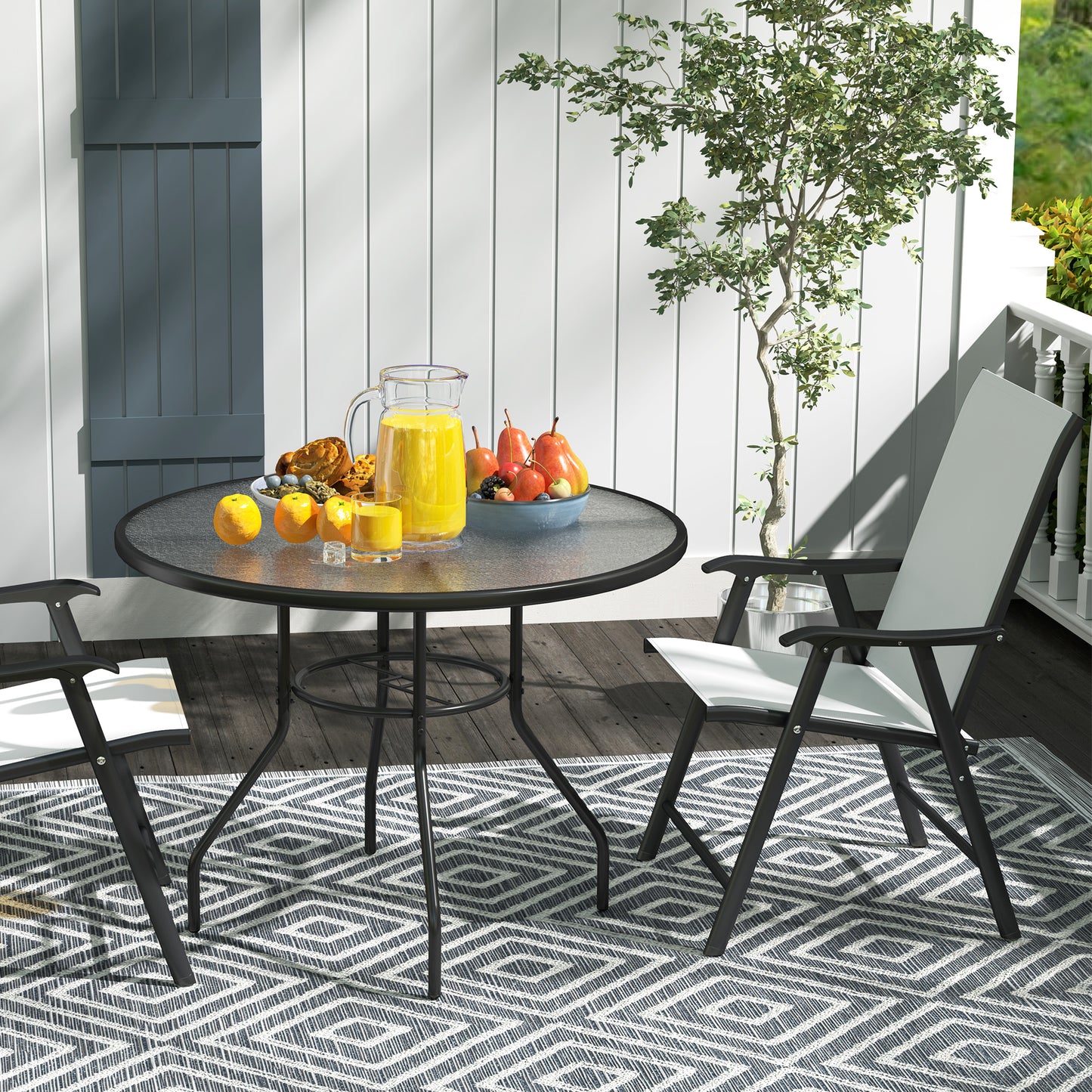 Outsunny Glass Top Outdoor Garden Table with Parasol Hole Black Steel Frame Tempered Glass Bistro Table for Patio