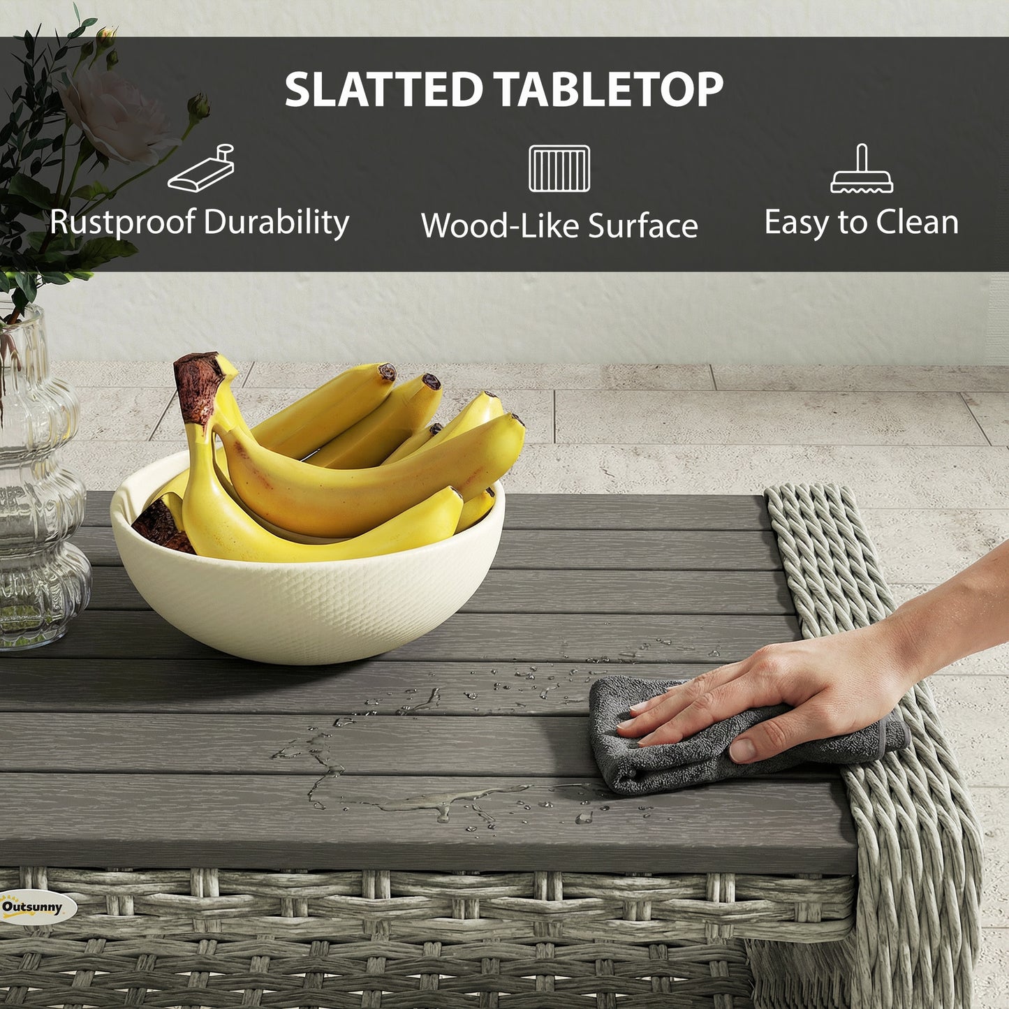 Outsunny Outdoor Coffee Table With Storage Shelf Slatted Top PE Rattan Water Resistant Grey