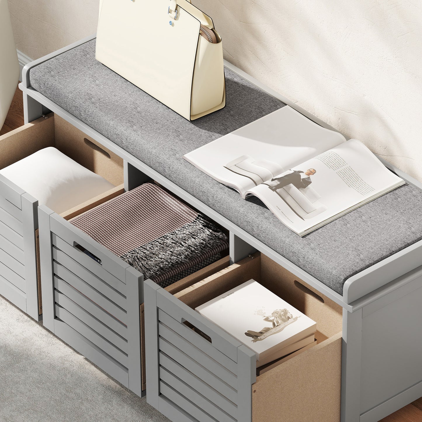 HOMCOM Three Compartment Shoe Storage Bench With Cushioned Top In Grey For Entryway Hallway