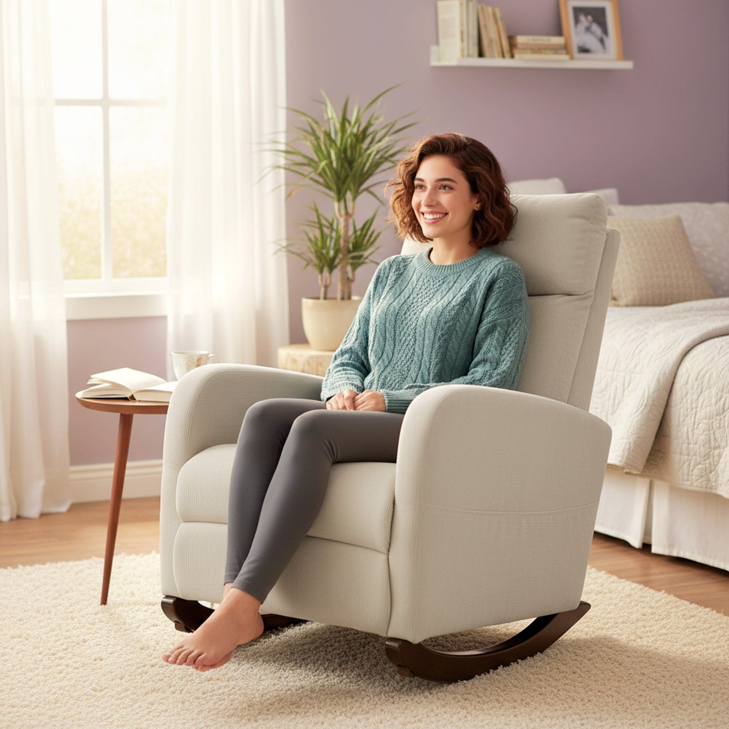 HOMCOM Corduroy Rocking Armchair Beige With 11 Degree Rocking Base And Thick Padding For Superior Comfort