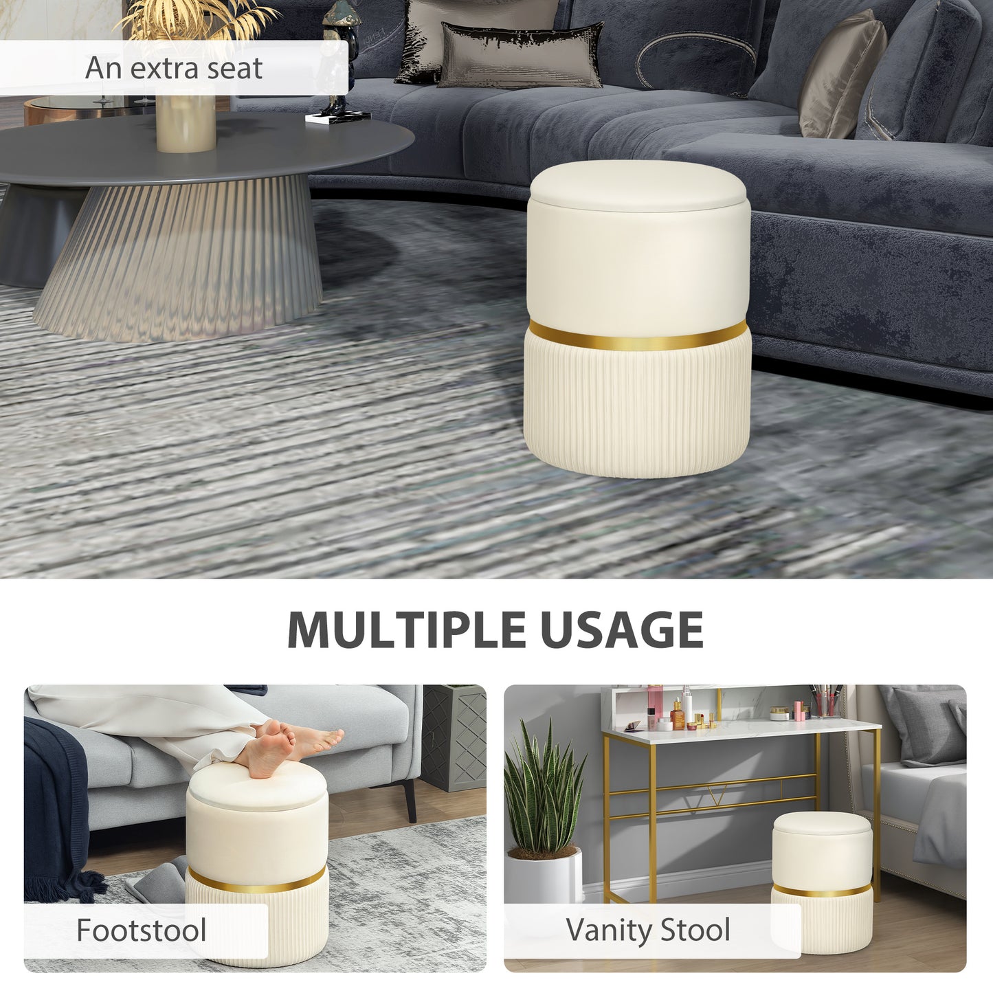 HOMCOM Velvet Upholstered Round Storage Ottoman With Removable Top Padded Seat And Hidden Storage Beige