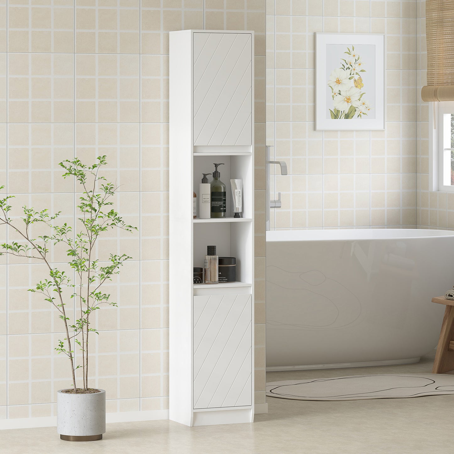 HOMCOM Narrow White Bathroom Cabinet Slim Storage Unit with Open Compartments and Adjustable Shelves 30 x 24 x 170 cm