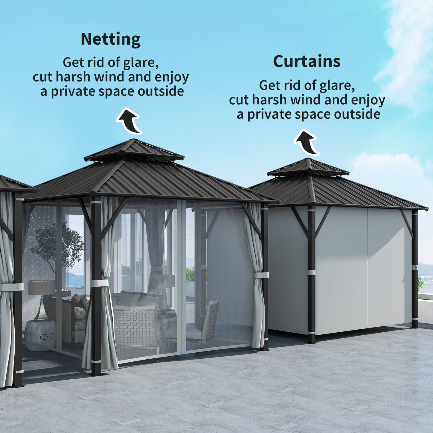 Outsunny 3 x 3m Hardtop Gazebo With Metal Roof Waterproof Permanent Pavilion Garden Canopy Netting Curtains Grey