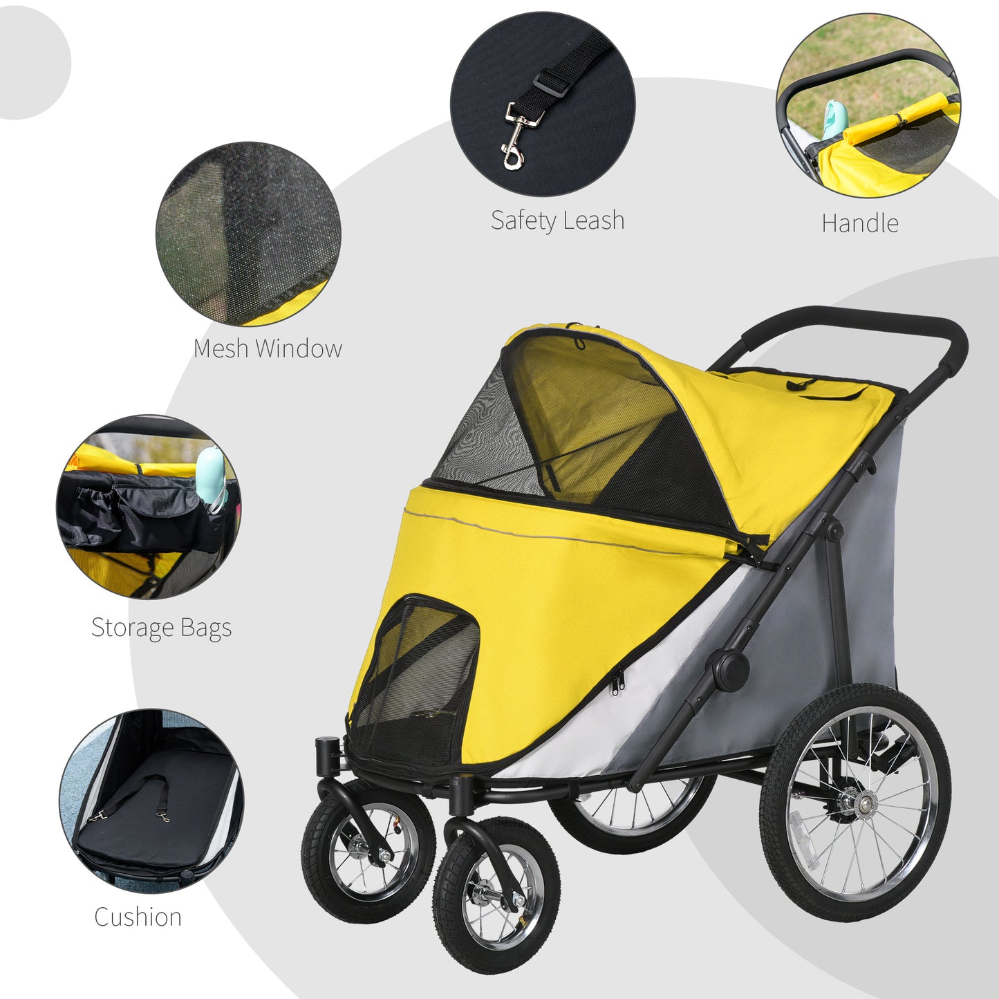 PawHut Large Dog & Cat Travel Stroller with Washable Cushion, Safety Leash, and Storage Bags - Yellow - ALL4U RETAILER LTD